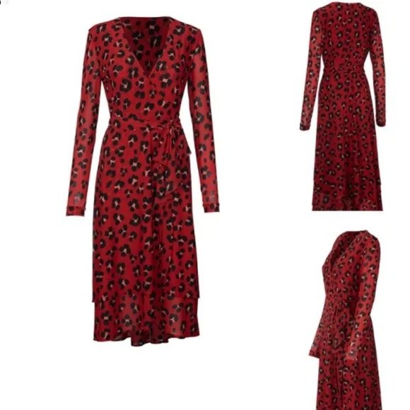Cabi 5771 Red Leopard Siren Wrap Dress Large - Picture 2 of 9